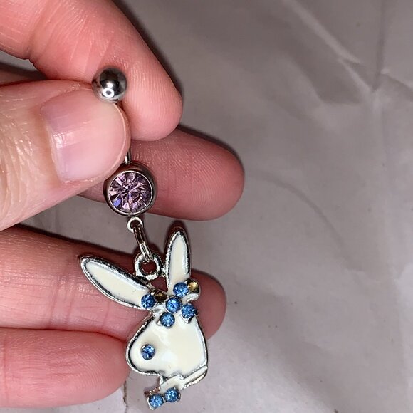 Pink and Blue Play boy-looking Bunny Dangle Belly Ring - Picture 2 of 16